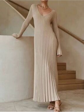 DISSH Reign Stone Ribbed Knit Midi Dress Long Slv SZ S Minimalist Quiet Luxury